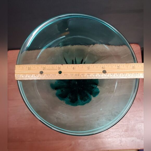 Mid Century Blenko Art Glass Blue Green Hand Blown Trumpet Vase - Picture 8 of 10